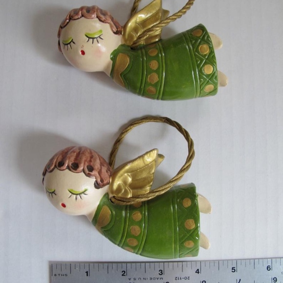 Mid Century Angel Pair Twins Mod Green Gold Japan - Picture 2 of 6